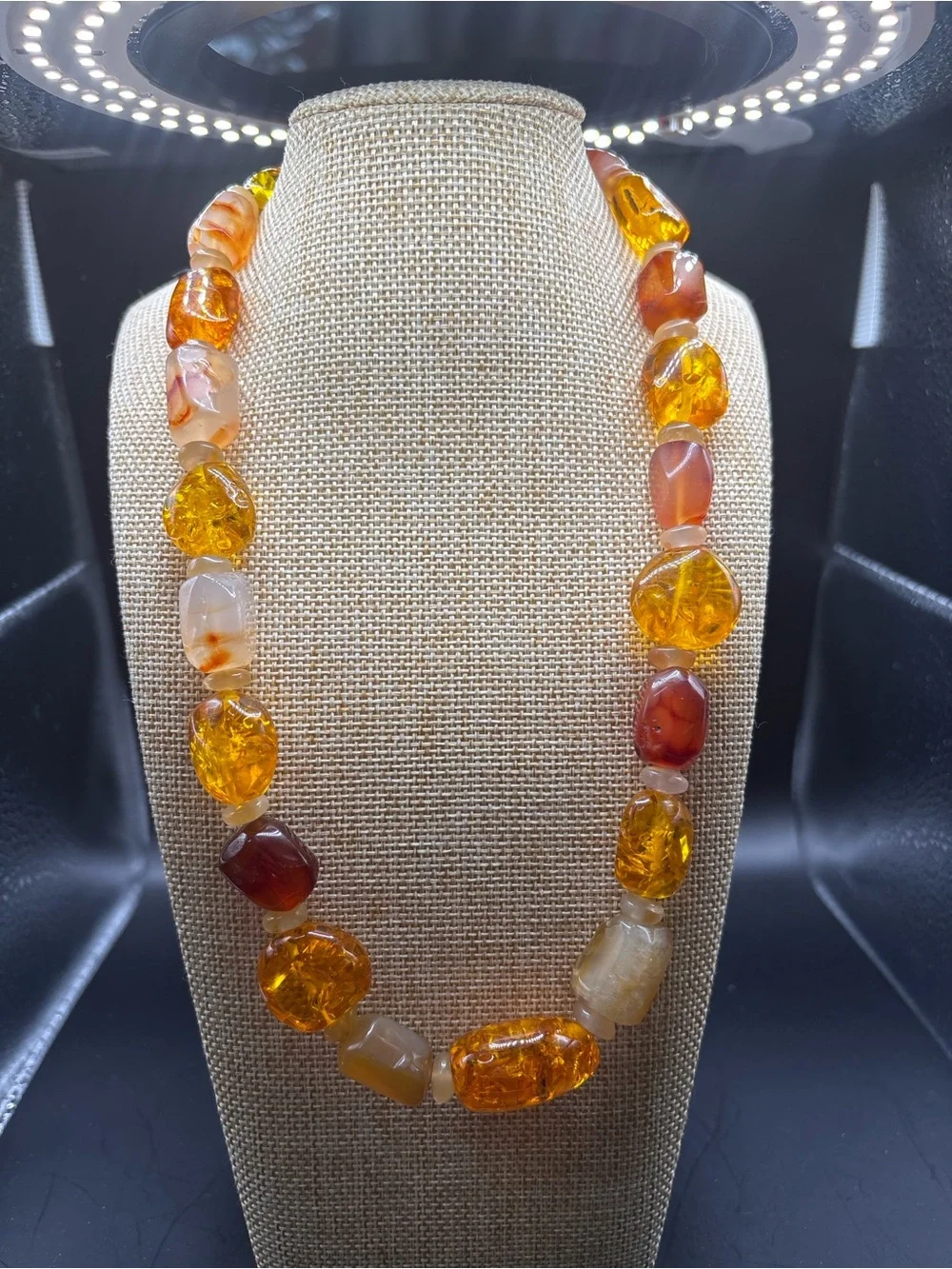 Vintage Amber Tone Crackle Glass & Carnelian Agate Statement Bead Necklace